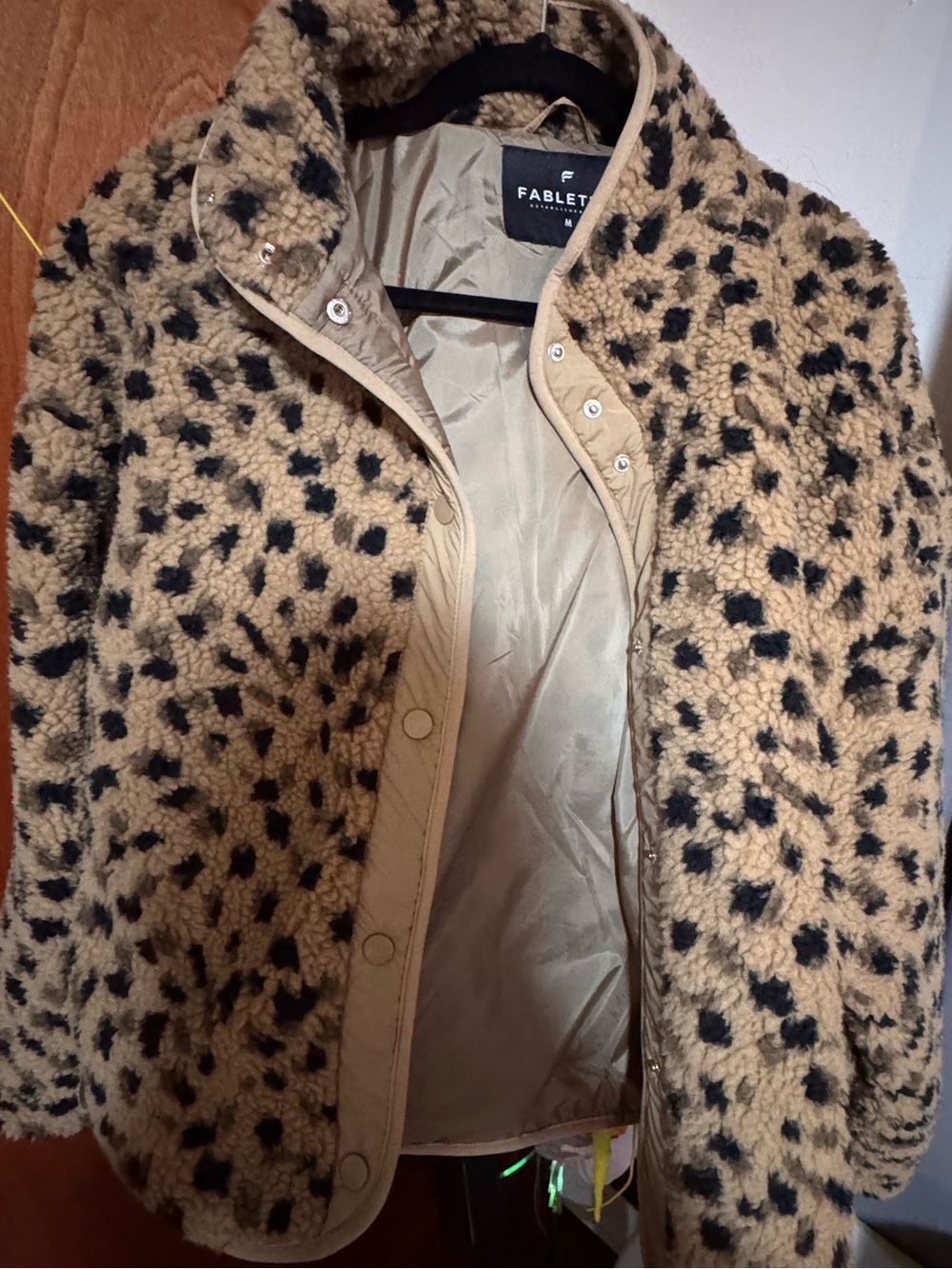 Fabletics Tan Sherpa Jacket with Black Leopard Spots